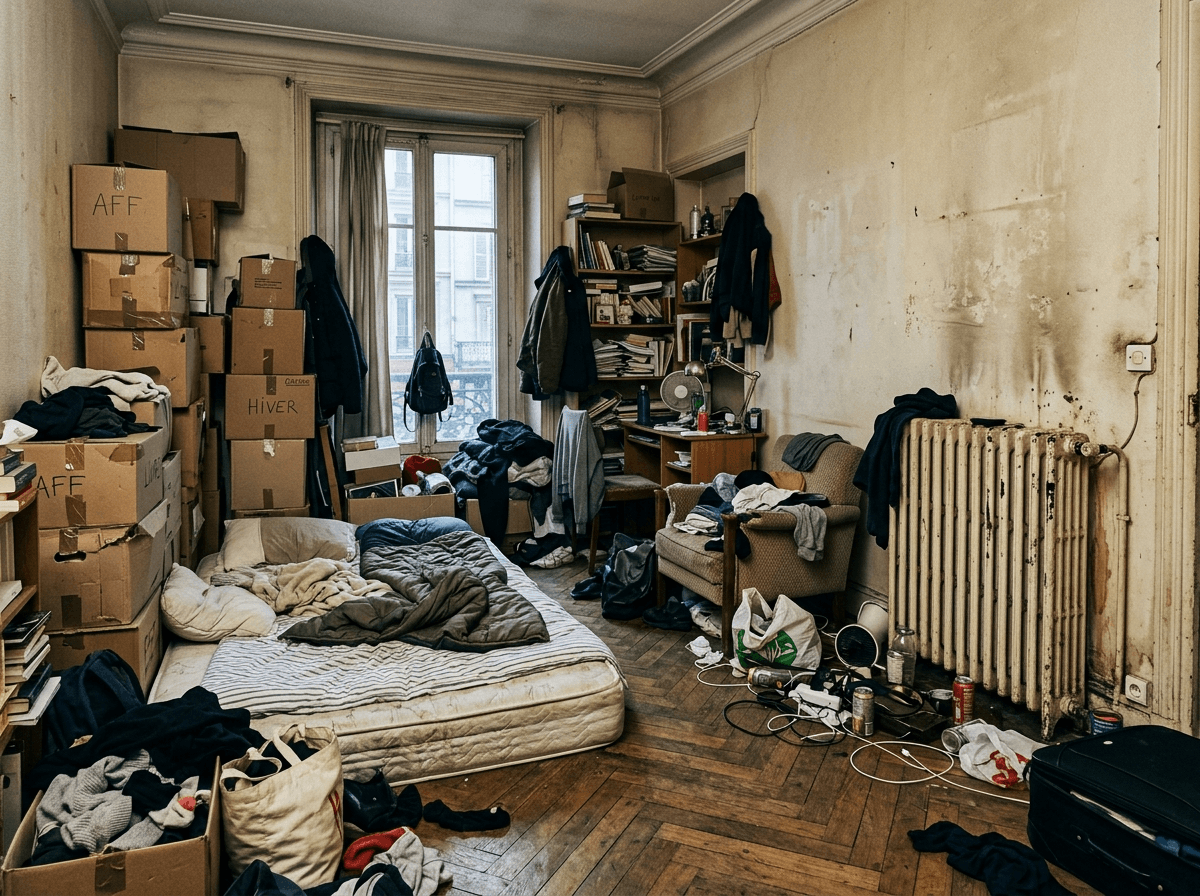 Avant — pièce de vie envahie par une accumulation Diogène : matelas, cartons, affaires éparpillées (illustration)
