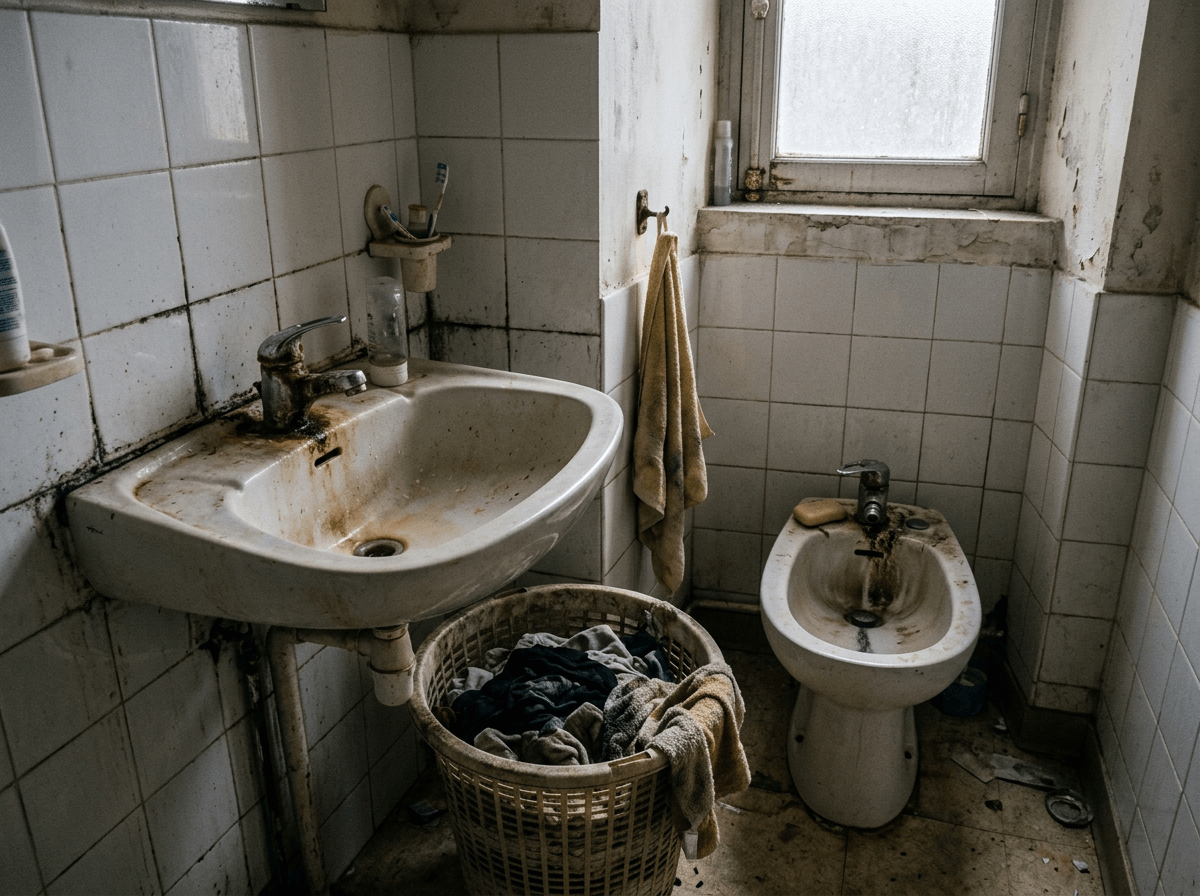 Avant — salle de bain insalubre : tartre incrusté, faïence noircie, sanitaires souillés (illustration)